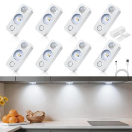 LightingWill 8 Pack USB Rechargeable Motion Sensor Puck Lights, Wireless Dimmable Under Cabinet Lights, Stick-On Closet Lights with 10FT Sensor, Daylight White for Kitchen & Pantry
