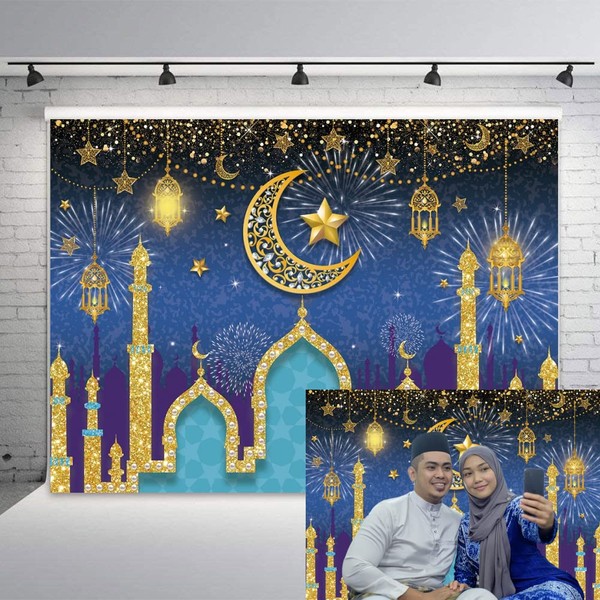 INRUI Eid Mubarak Background Muslim Arabian Night Backdrop Lantern Moon