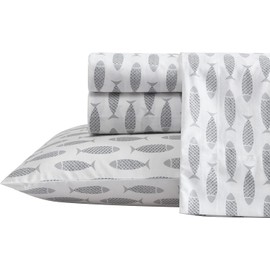 Nautica - Queen Sheets, Cotton Percale Bedding Set, Crisp & Cool, Coastal Bedding Set (Woodblock Fish Grey, Queen)