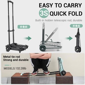 Backpack Trolley, Foldable Luggage Cart with Solid Tank Wheels, Aluminum Alloy Hand Truck for Backpacks, Golf Bag, Teenagers, School, Travel（Black）