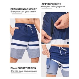 SILKWORLD Mens Swimming Trunks with Compression Liner 2 in 1 Quick-Dry 9" Swim Shorts with Zipper Pockets, Blue Stripes, Large