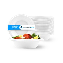 Nationwide Paper 12oz 50pcs White Bagasse Sugarcane Disposable Bowls, Strong Biodegradable Bowls for Hot Food, Soup, Salad (355ml)