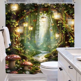 Riyidecor Fantasy Fairy Shower Curtain for Bathroom Decor 72Wx72H Magical Mushroom Misty Jungle Floral Tree Butterfly Wonderland Woodland Art Printed Fabric Polyester Waterproof 12 Pack Plastic Hooks
