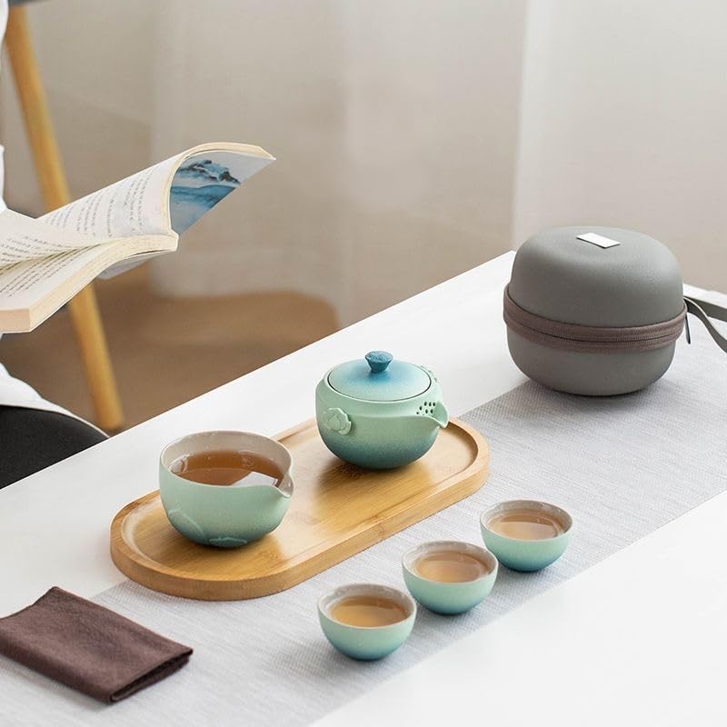 Zen Lotus Design Travel Teapot, Portable Ceramic Tea Set, 1