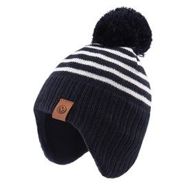 PEECABE Toddler Winter Hat Boys Girls Striped Knitted Beanie Pompom Kids Cold Weather Hat Scarf Set 9M-8Y (A-Navy, M)