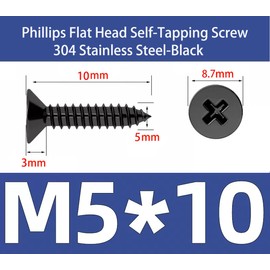 EBAIJQUO M5*10 Phillips Flat Head Wood Screws Black Xylan Coated 304 Stainless Steel Self-Tapping Screws for Wood Full Thread Woodworking fastener (100pcs)