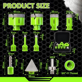 Diamond Tile Hole Saw Kit - FACHLICH 10pcs Diamond Core Drill Bits Set 5/8"-11 Thread 1/4" 5/16" 3/8" 1" 1-3/8" 2" 2-1/2" & 3/8" Finger Bit 2" Beveling Chamfer for Porcelain Ceramic Granite Marble