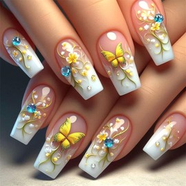 Square Press on Nails Long Fake Nails with Flwoer Yellow Butterfly Design Rhinestones Glue on Nails Gradient Nail Press ons White French Tip Artificial Stick on Nails for Women 24Pcs