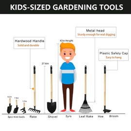 Kids Rake and Shovel Sets, 7PCS Child Metal Gardening Tools for Real Digging-Great for Garden, Yard, Sandbox, Lawn, Camping Play, Outdoor Toys for Ages 2-4, 5-7 Years Old