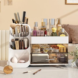 KQJS Makeup Organizer with Drawers,Large Capacity Countertop Organizer for Vanity,Bathroom and Bedroom Desk Cosmetics Organizer,Easy To Storage Skincare,Brushes, Eyeshadow, Lotions, Lipstick (White)