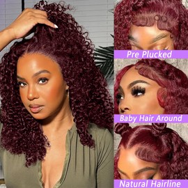 Punmasa 18 Inch Bob Wig Human Hair 13x6 Frontal Lace Wig 200% Density 99J Burgundy Lace Front Wigs Human Hair Pre Plucked Bob Wigs for Women 99J curly human hair wig