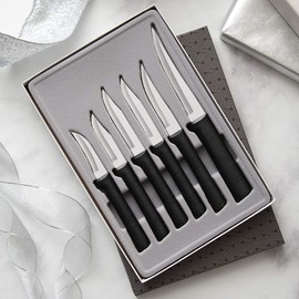 RADA Paring Knife Set – 6 Black Handled Knives with Stainless Steel Blades and Knife Sharpener