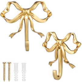 Gadpiparty 2Pcs Bow Hook Decorative Wall Hooks Bowknot Coat Hook Gold Towel Robe Hook Hanging Brass Hooks for Home Bedroom Bathroom Office Outdoor (2.63 inches)