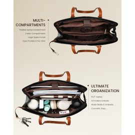 LOVEVOOK 17 Inch Laptop Tote Bag for Women, Work Bags Laptop Bag Teacher Tote Bag, Leather Computer Bag Large Purses Handbag Professional Briefcase, Black-Beige-Brown