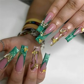 Green French Tip Press on Nails Long Square Head Fake Nails 3D Butterfly False Nail Tips with Gold Color Design Extra Long French Manicure Acrylic Nails Cute Artificial Nails for Women Girls 24pcs