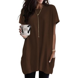 Poetsky Womens Summer Casual Crewneck Long T-Shirts Loose Fit Solid Color Short Sleeve Long Tunic Tops to Wear with Leggings Oversized Shirts with Pockets for Women Brown XX-Large