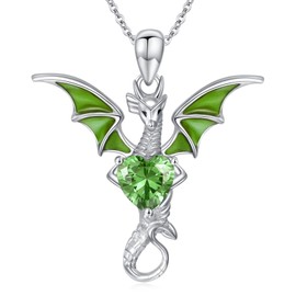 LONAGO Dragon Necklace for Women 925 Sterling Silver Dragon with Birthstone Pendant Necklace, Sterling Silver, Cubic Zirconia