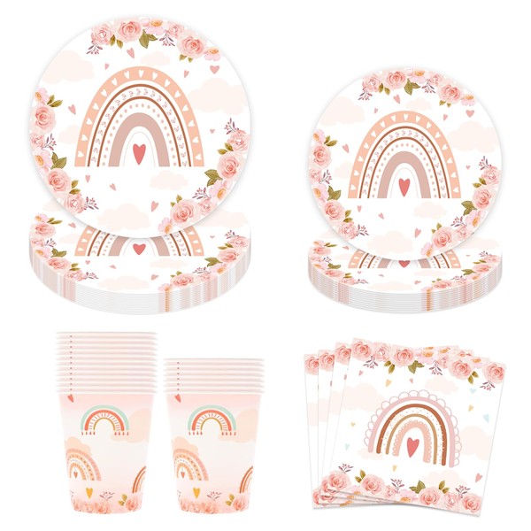 SKTMH 96 Pcs Boho Rainbow Party Decorations Boho Tableware Plates