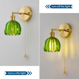 Vintage Wall Sconce 1 Pack, Green Glass Shade Gold Wall Lamp with 12 Inch Cable Switch, Modern Bathroom Wall Sconces for Bedroom Corner Hallway