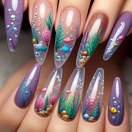 Press on Nails Almond Long Length Coral Water Grass and Cute Fish Pattern Design Almond Tip False Nail Purple Ocean Artificial Fingernails Full Cover Glossy Stick on Nail for Women Manicure