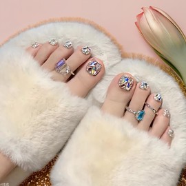 [ALLEVG]ネイルチップ 足用 24枚入 フットネイルチップ フットネイル 足用 3D ダイヤ マグネットネイルチップ 夏 付け爪 結婚式 成人式 可愛い 人気 かわいい シンプル 繰り返し使える