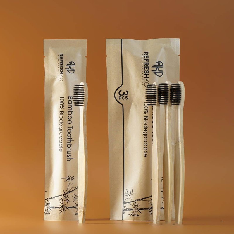REFRESHKO Bamboo Toothbrushes, Set of 3 or 100 Bulk Box,