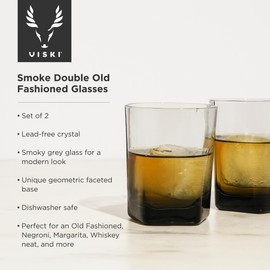 Viski Smoke Double Old Fashioned Crystal Tumblers Set of 2 - Premium Crystal Smoky Glass, Stylish Lowball Cocktail Glasses, Cocktail Glass Gift Set - 10 oz