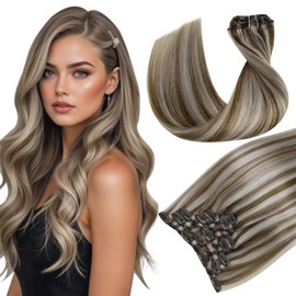 Hetto Blonde Real Hair Clip-In Extensions, Highlight Clip-In Blonde Extensions, Remy Clip-In Hair Extensions, Golden Brown Highlights, Bleached Blonde #10/613, 100 g, 45 cm