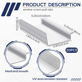 Yaocom 20 Pcs Window Screen Pull Tabs Window Screen Spline Channel Pull Lift Tabs Aluminum Replacement Parts for Anti UV Don't Broken C Shape Frame Center Brace Privacy Mounting (Sliver)