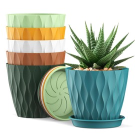 HoHomeuouz Set of 6 10 cm Plastic Flower Pots Round with Saucer, Suitable for Indoor and Outdoor Use, Colourful