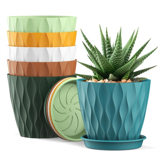 HoHomeuouz Set of 6 10 cm Plastic Flower Pots Round