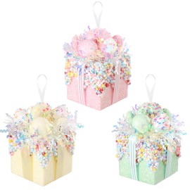 Christmas Tree Gift Boxes Ornaments, Set of 3 Pastel Pink Yellow Green Glittered Christmas Tree Present Boxes Christmas Hanging Ornaments Pendant Decoration for Xmas Tree New Year Holiday Home Decor