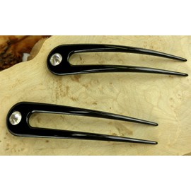 JWL HAWNKOA PRODUCTS (2) Anodized Aluminum Two Prong Curved 4.5" Hair Fork Pick Pic (Black)