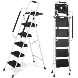 JungleA Step Ladder 5 Step Folding with Tool Tray, Wide Non-Slip Pedal, Safety Handrail and Sturdy Steel Construction Step Stool, 330 lbs Portable Ladders for Home, Attic, Office & Garage, White
