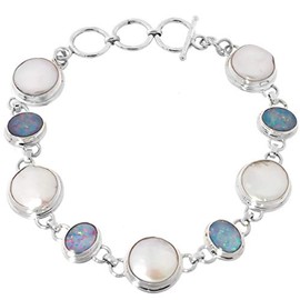 Coin Freshwater Cultured Pearl Australian Opal 925 Sterling Silver Bracelet, 8-9"