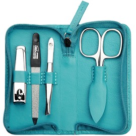 Manicure Set 4-Piece Travel Case - Nail Scissors, Nail Clippers, Nail File and Tweezers - Case Made of Genuine Nappa Lambskin Leather - Manicure and Pedicure (Turquoise)