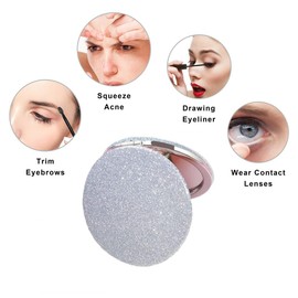 Mpowtech Silver Compact Mirror for Women,Small Pocket Mirror,Purse Mirror with Glitter,Portable Travel Makeup Mini Mirror,Folding Handheld 2-Sided 1x/2x Magnifying Compact Mirror for Gift
