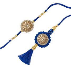 Premium Designer Blue Rakhi Set of 2 for Brother and Bhabhi – Traditional Lumba Rakhi for Bhai Bhabhi, Couple Rakhi Set – Ideal Raksha Bandhan Gift