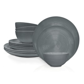 Zak Designs American Conventional Melamine 12 Piece Dinnerware Set Service for 4 Includes Dinner Plates, Salad Plates, and Individual Bowls, Durable and BPA Free (Charcoal)