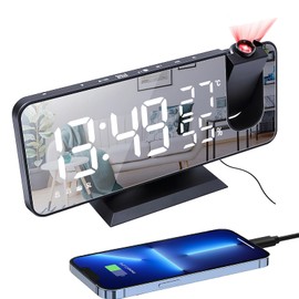 TUMYES Reloj Despertador Digital, Despertador Inteligente con proyección de 180° Giratorio, 12H/24H/Radio FM/Temperatura, Puertos de Carga USB Duales, Alarma LED de 19cm, Doble Alarma (Negro)