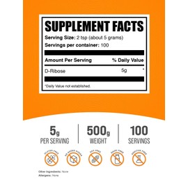 BulkSupplements.com D-Ribose Powder - D-Ribose Supplement, for Energy Support - Unflavored & Gluten Free, 5g per Serving, 500g (1.1 lbs) (Pack of 1)