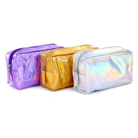 PU Leather Holographic Makeup Pouch Cosmetic Bag Waterproof Toiletries Organizer Pen Bag for Women and Girls (Purple)