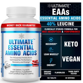 Ultimate 100% Essential Amino Acid Supplement - 150 Easy-to-Swallow, 1g Coated Tablets - All 9 EAA with 40% Leucine in Optimized BCAA Ratio - Increase Energy, Lean Muscle & Recovery - Keto & Vegan