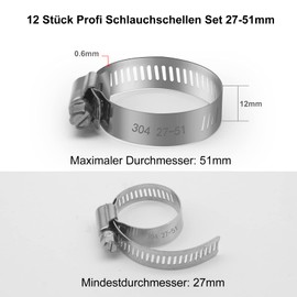 Jzszera Hose Clamp, Pack of 12 Stainless Steel Pipe Clamps with Clamping Range 27-51 mm, Rustproof Hose Clamps for Pool, Pond and Garden