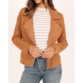 KIRUNDO 2024 Fall Trends Women's Casual Open Front Faux Suede Motorcycle Jackets Solid Zipped Notch Lapel Short Coats(Brown, X-Large)