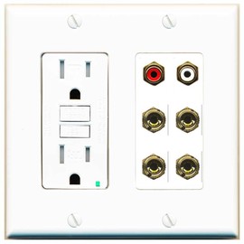 RiteAV 4 Banana (2 Speaker) Binding Post Wall Plate with 2 RCA Jacks (Red+White) - GFCI Outlet [White]