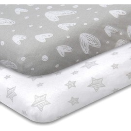Biloban Travel Crib Sheet 2 Pack, 100% Natural Cotton Jersey Knit Fitted for Guava Lotus, Baby Bjorn, Dream on Me Travel Crib Light Playard, Soft Breathable, Preshrunk, Grey Stars