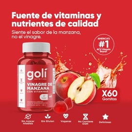 Goli - Gomitas de Vinagre de Sidra de Manzana  Con Vitaminas B9, B12, Betabel y Granada  60 Gomitas Veganas  Sin OGM, Sin Gluten  Enriquecidas con... 