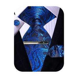 ROBERTO GABBANI Mens Blue Paisley Tie Pocket Square Cufflinks Clip Set, Silk Woven Necktie with Hanky Clip