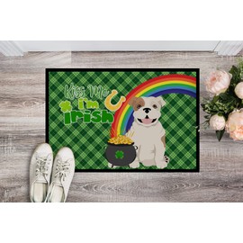 Caroline's Treasures WDK4832JMAT Piebald English Bulldog St. Patrick's Day Doormat 24x36 Front Door Mat Indoor Outdoor Rugs for Entryway, Non Slip Washable Low Pile, 24H X 36W